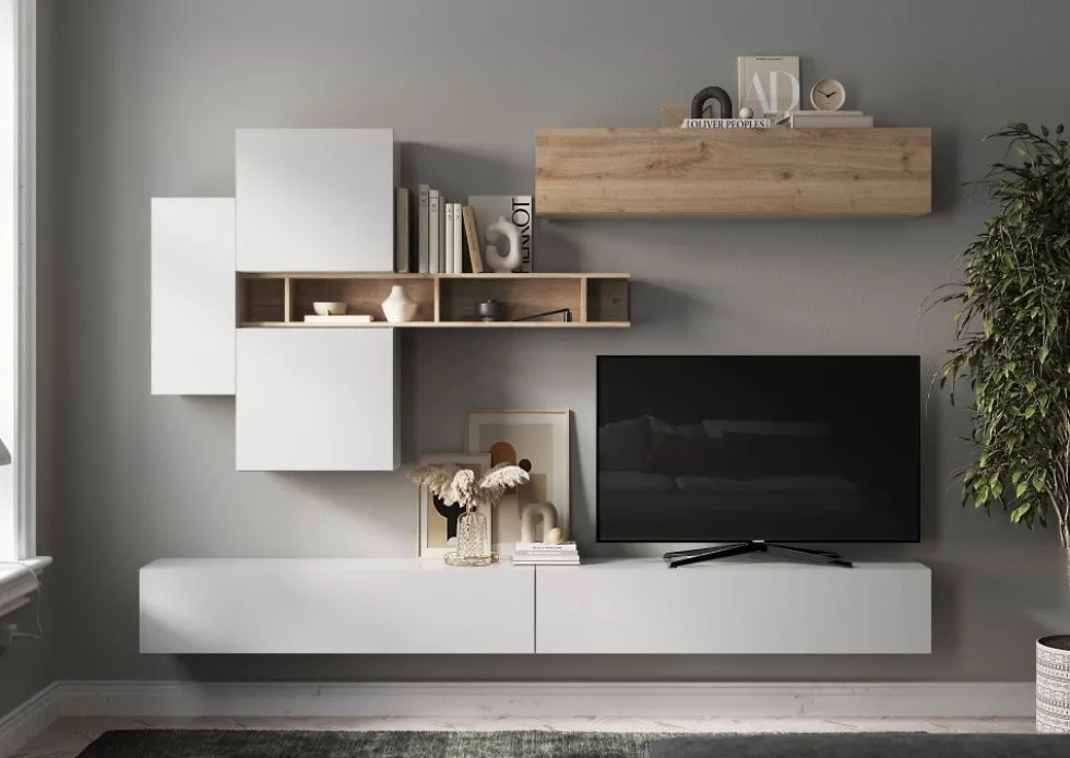 Parete attrezzata sospesa 276x210 cm bianco lucido e rovere PAL51