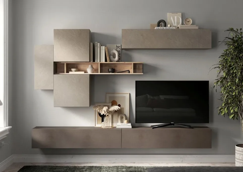 Parete attrezzata sospesa 276x210 cm argilla, bronzo e rovere PAL51