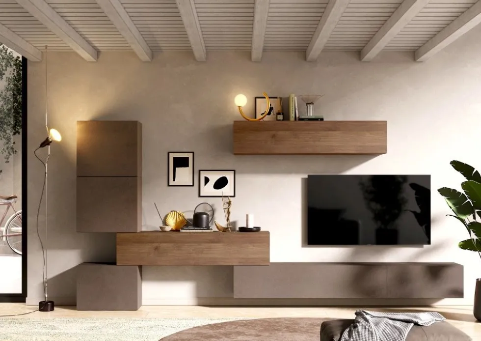Parete attrezzata sospesa 340x169 cm bronzo e noce PAL22