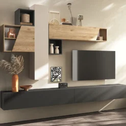 Parete attrezzata sospesa 276x175 cm rovere, beige e grafite PAL81