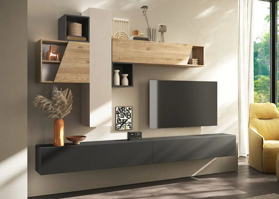 Parete attrezzata sospesa 276x175 cm rovere, beige e grafite PAL81