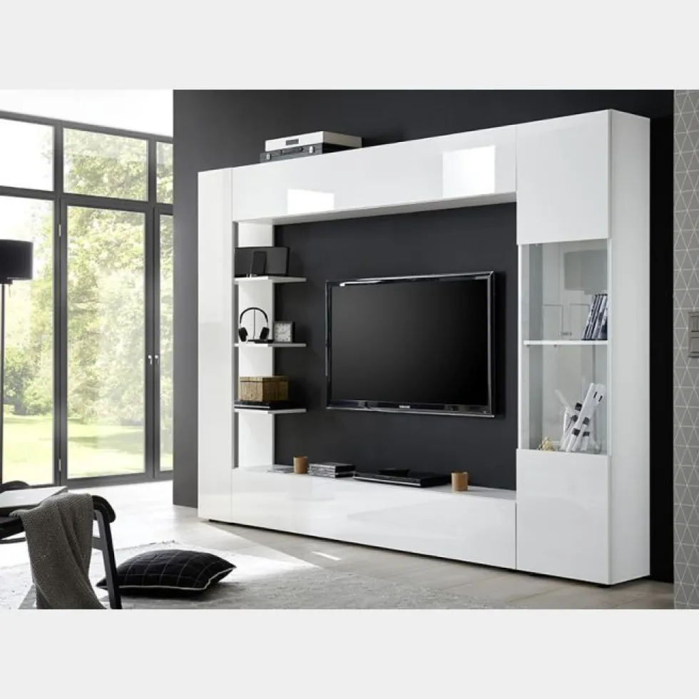 Parete attrezzata 257x187 a terra moderna con pensili e vetrina bianco lucido PAL6