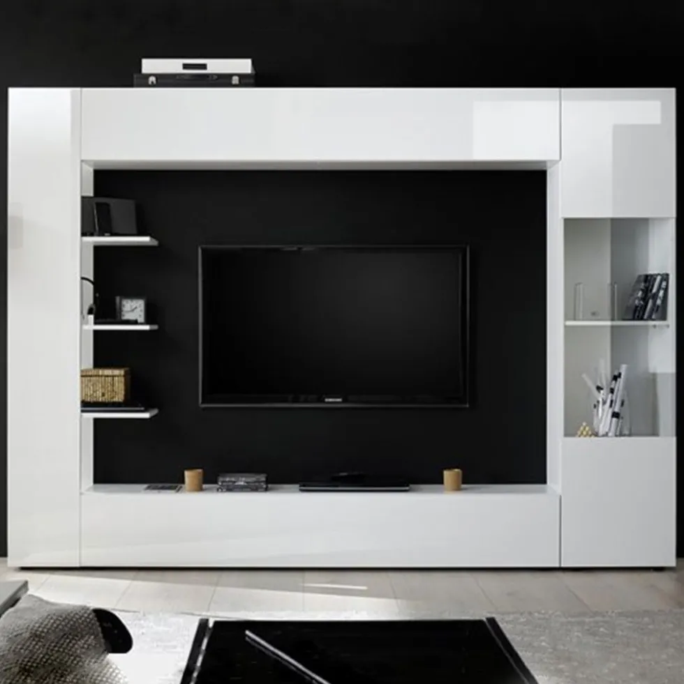 Parete attrezzata 257x187 a terra moderna con pensili e vetrina bianco lucido PAL6