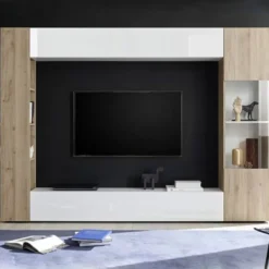 Parete attrezzata 257x187 a terra moderna con pensili e vetrina bianco e rovere PAL6