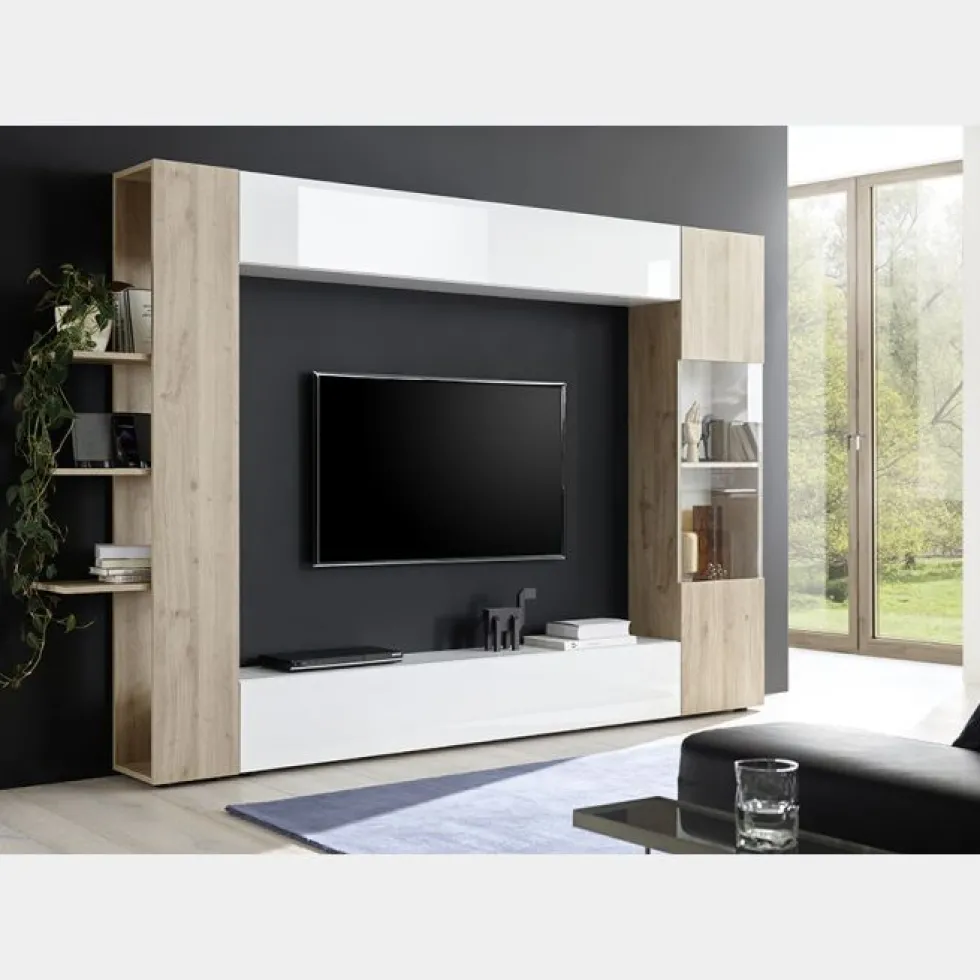 Parete attrezzata 257x187 a terra moderna con pensili e vetrina bianco e rovere PAL6