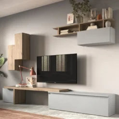 Parete attrezzata 290x210 cm con pensili rovere e grigio PAL41