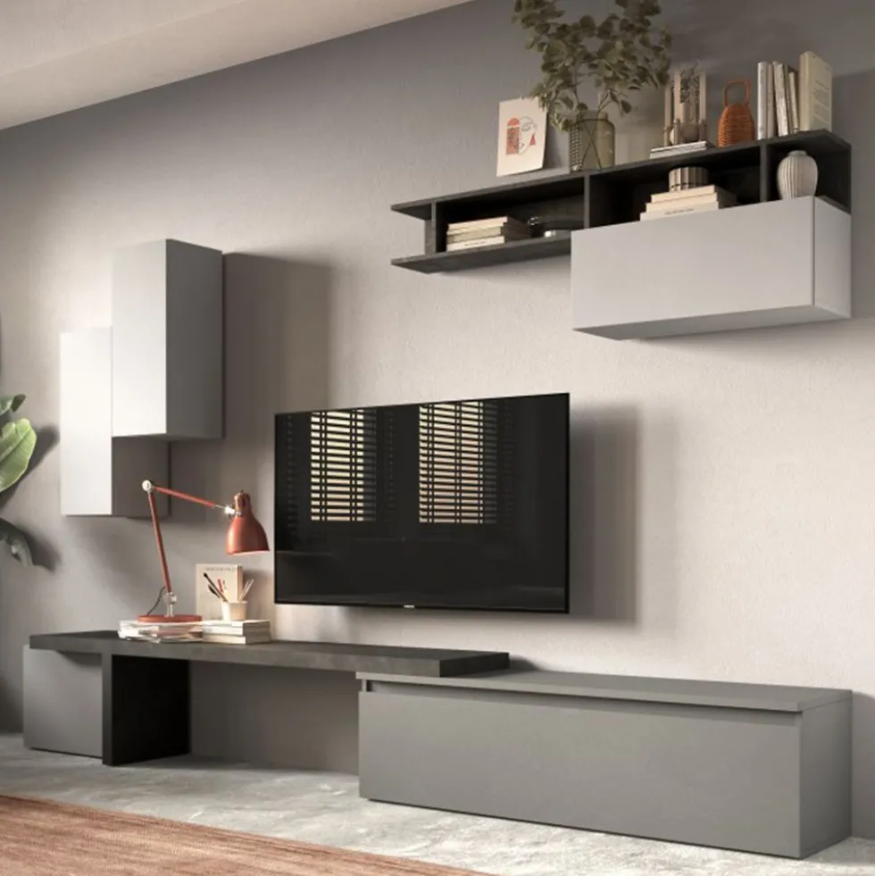Parete attrezzata 290x210 cm con pensili grigio, grigio chiaro e piombo PAL41