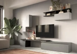 Parete attrezzata 290x210 cm con pensili grigio, grigio chiaro e piombo PAL41