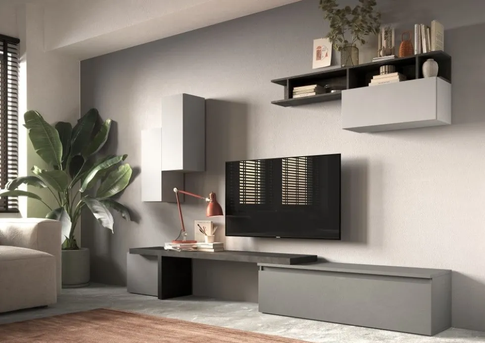 Parete attrezzata 290x210 cm con pensili grigio, grigio chiaro e piombo PAL41