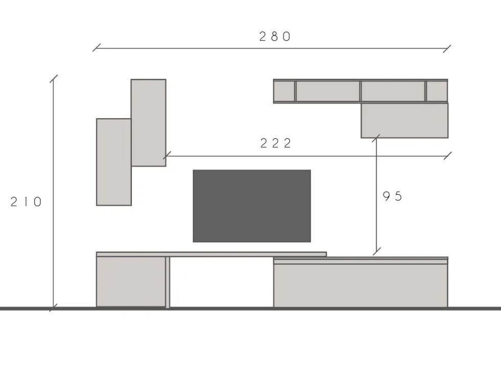 Parete attrezzata 290x210 cm con pensili grigio, grigio chiaro e piombo PAL41