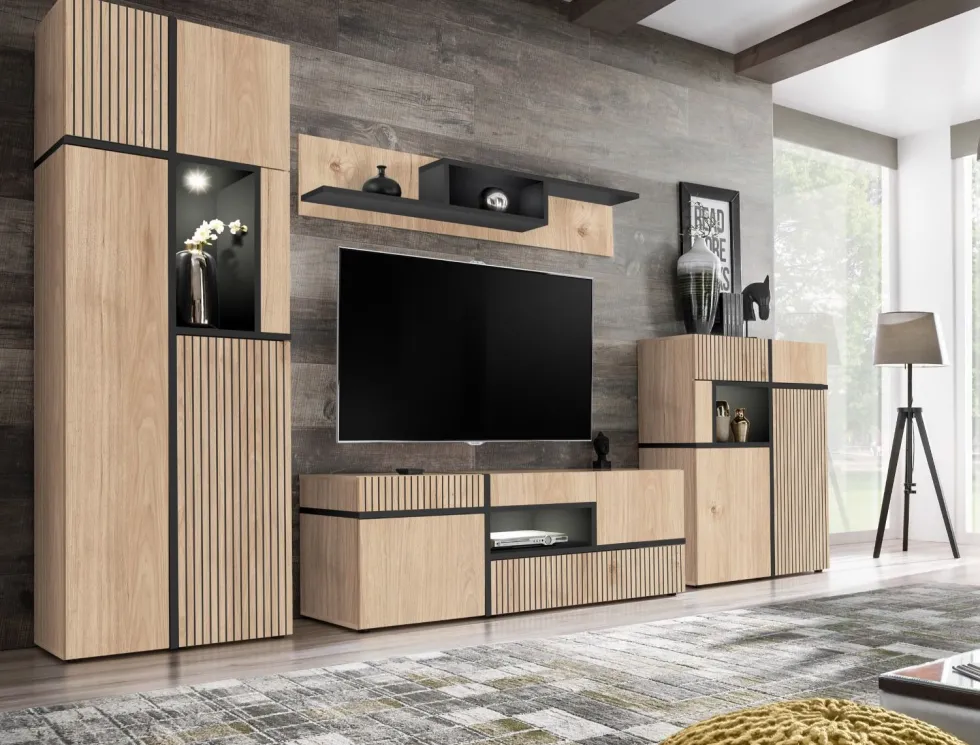 Parete attrezzata 150x195cm design moderno e stampa a strisce rovere e nero PAP33