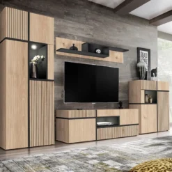 Parete attrezzata 150x195cm design moderno e stampa a strisce rovere e nero PAP33