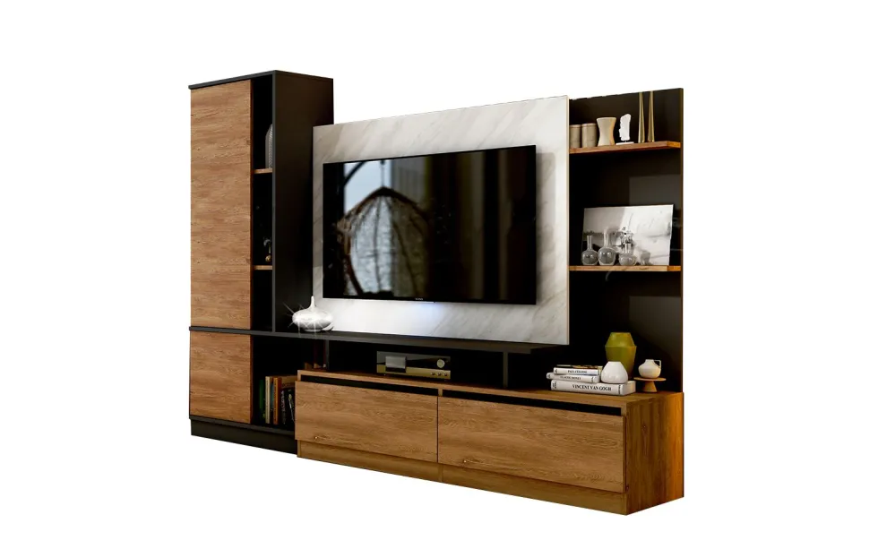 Parete attrezzata 240x185 cm nero quercia e marmo SU40