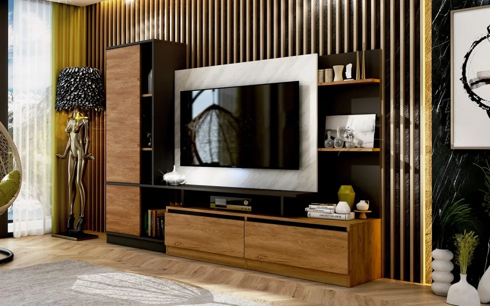 Parete attrezzata 240x185 cm nero quercia e marmo SU40