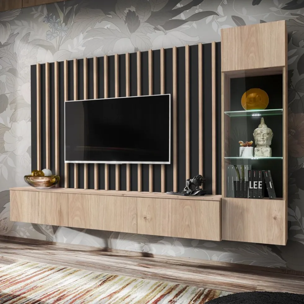 Parete attrezzata 220x148cm sospesa per salotto design moderno rovere e nero PAP143