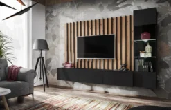 Parete attrezzata 220x148cm sospesa per salotto design moderno nero e rovere PAP143