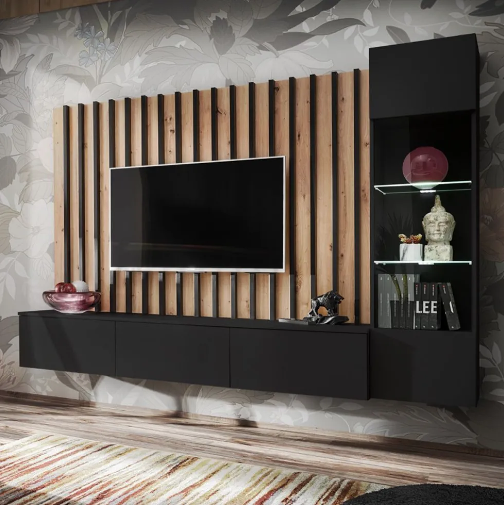 Parete attrezzata 220x148cm sospesa per salotto design moderno nero e rovere PAP143