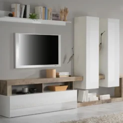 Parete attrezzata 277x173 moderna a terra con pensili verticali bianco e pero PAL2