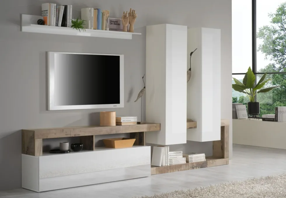 Parete attrezzata 277x173 moderna a terra con pensili verticali bianco e pero PAL2