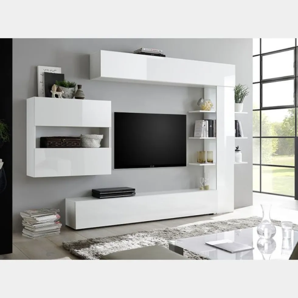 Parete attrezzata 295x187 moderna a terra con libreria e pensile sospeso bianco lucido PAL5