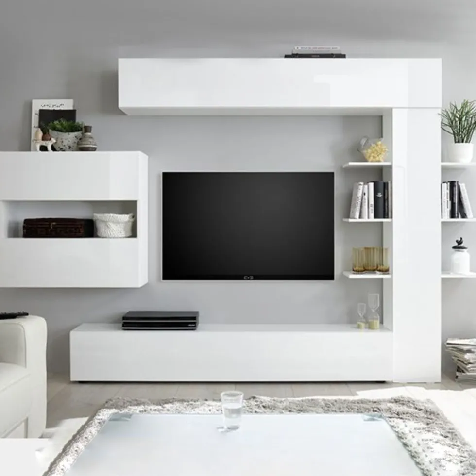 Parete attrezzata 295x187 moderna a terra con libreria e pensile sospeso bianco lucido PAL5