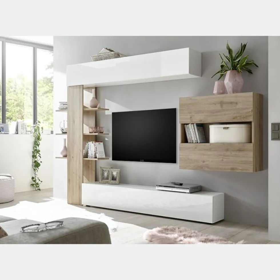 Parete attrezzata 295x187 moderna a terra con libreria e pensile sospeso bianco e rovere PAL5