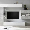 Parete attrezzata 295x187 moderna a terra con libreria e pensile sospeso bianco e cemento PAL5