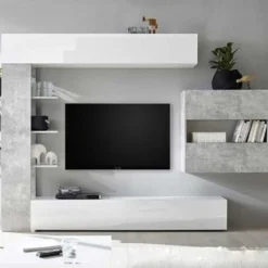 Parete attrezzata 295x187 moderna a terra con libreria e pensile sospeso bianco e cemento PAL5