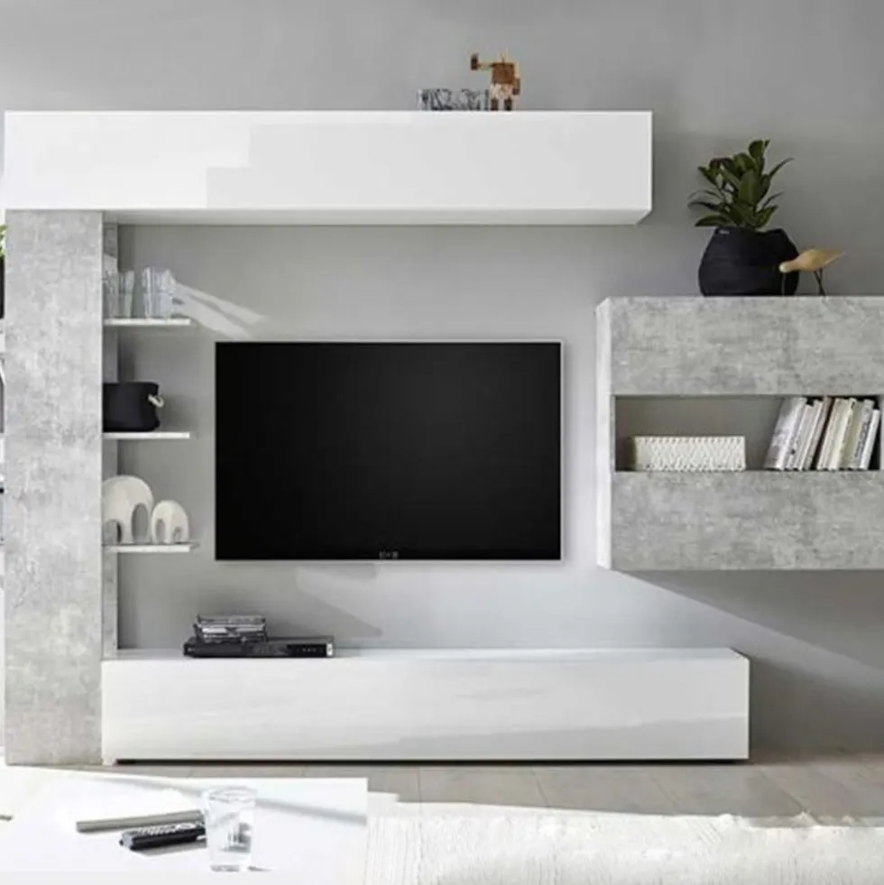 Parete attrezzata 295x187 moderna a terra con libreria e pensile sospeso bianco e cemento PAL5