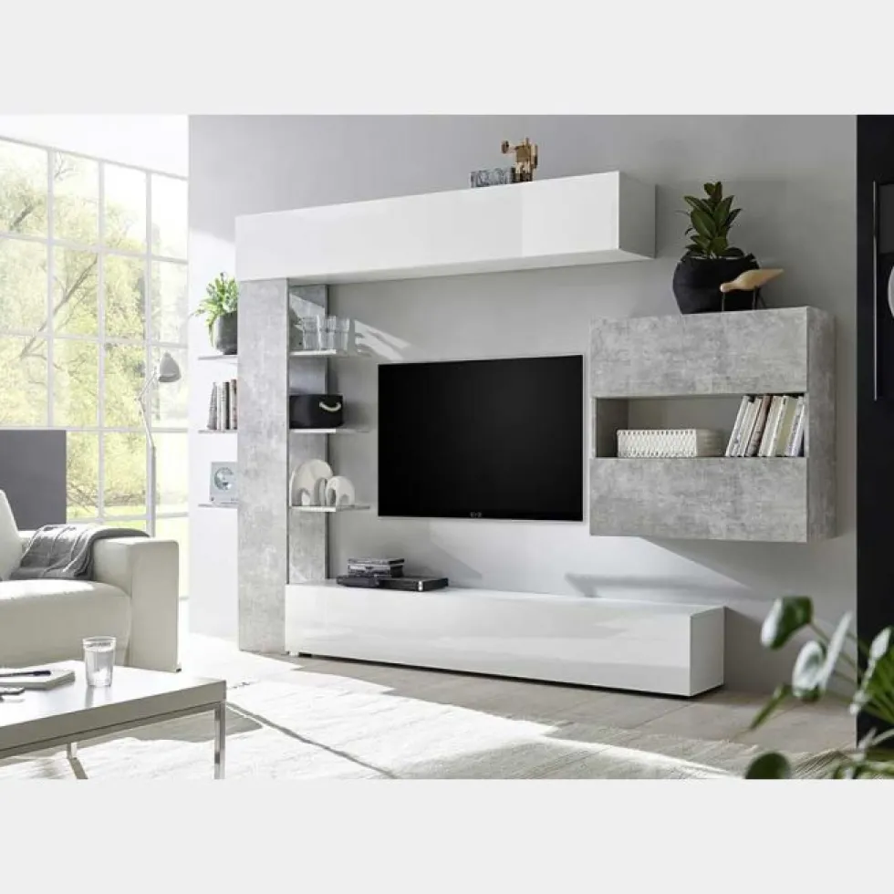 Parete attrezzata 295x187 moderna a terra con libreria e pensile sospeso bianco e cemento PAL5