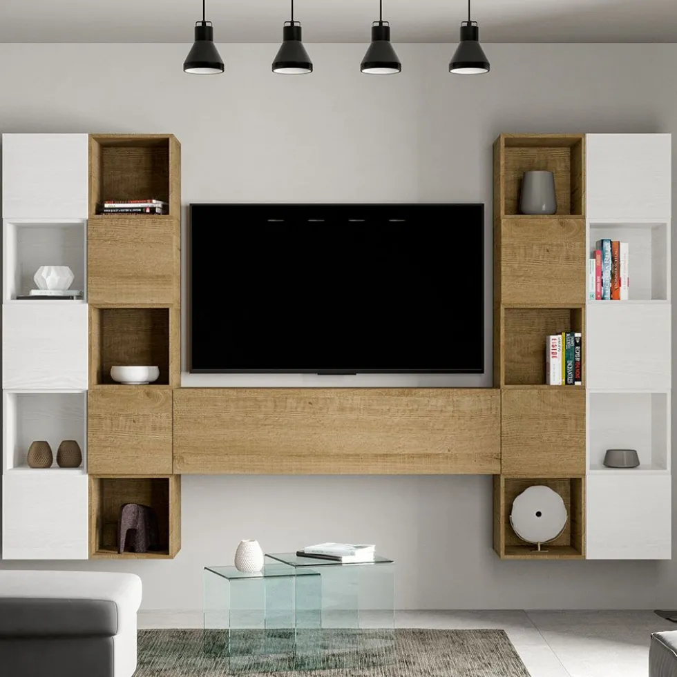 Parete soggiorno moderna con pensili a cubo ISKA109
