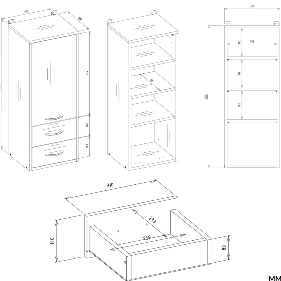 Pensile bagno sospeso 34x90x30 cm con 2 cassetti bianco opaco PBT1
