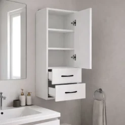 Pensile bagno sospeso 34x90x30 cm con 2 cassetti bianco opaco PBT1