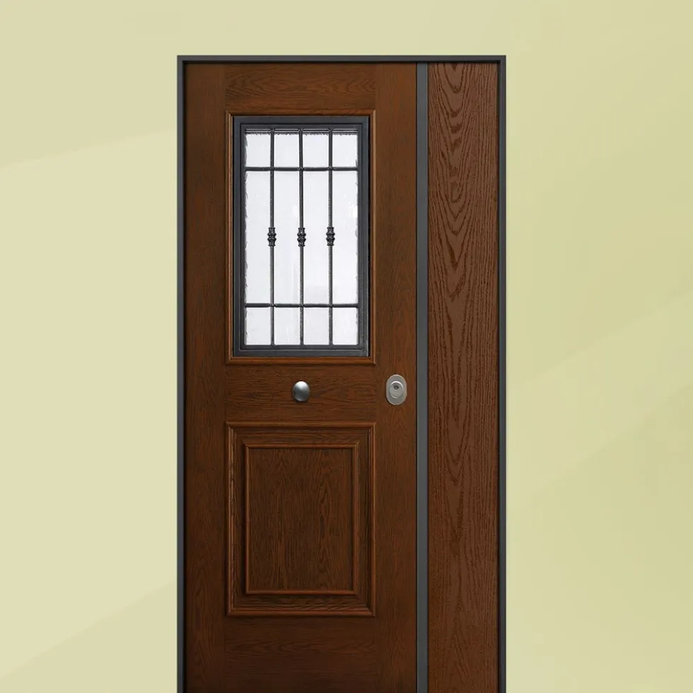 Porta blindata da esterno a due ante con vetro e laminato noce 90+30x210 PB336