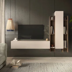 Porta tv sospeso con libreria 205x185 cm beige e noce PTL39