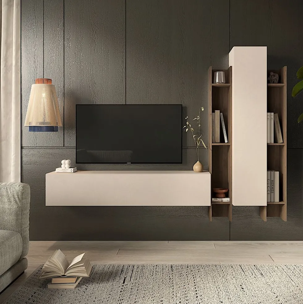 Porta tv sospeso con libreria 205x185 cm beige e noce PTL39