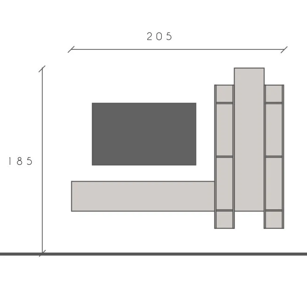 Porta tv sospeso con libreria 205x185 cm beige e noce PTL39