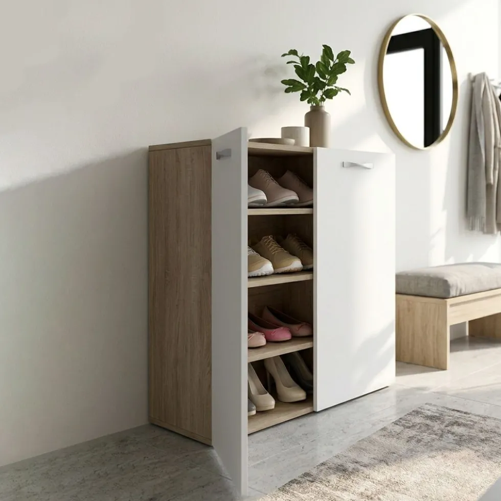 Scarpiera a 2 ante 75x85 cm in bianco e rovere ASI4051
