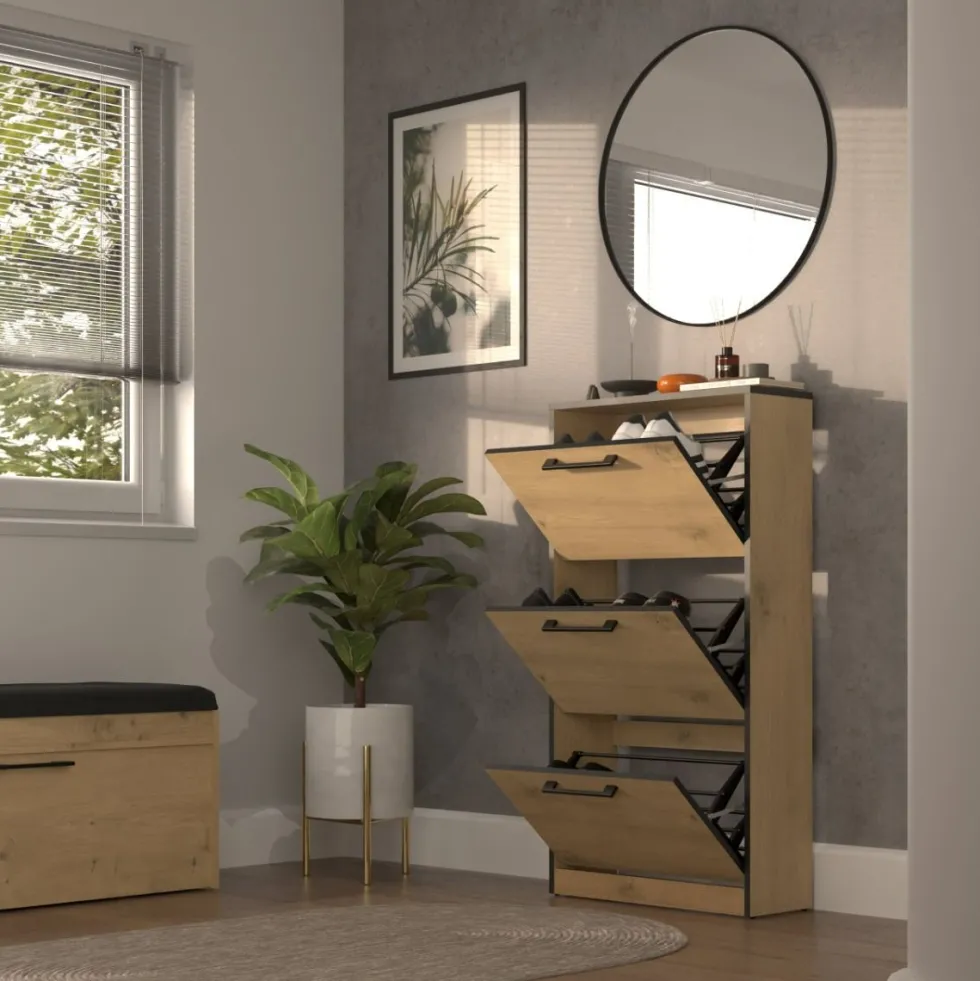 Scarpiera ingresso moderna 60x116x28 cm rovere e nero SCAT3
