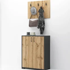 Scarpiera per ingresso con piccolo appendiabiti in rovere e grigio antracite IG24