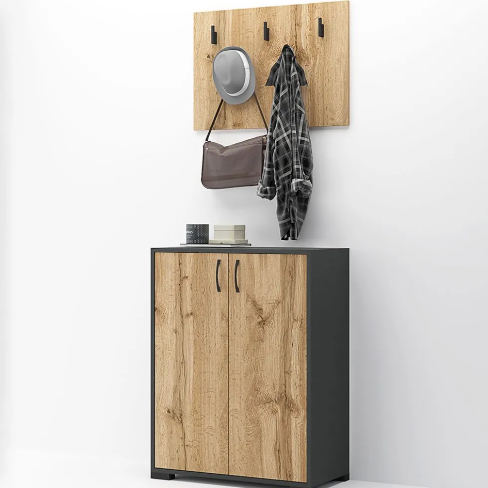 Scarpiera per ingresso con piccolo appendiabiti in rovere e grigio antracite IG24