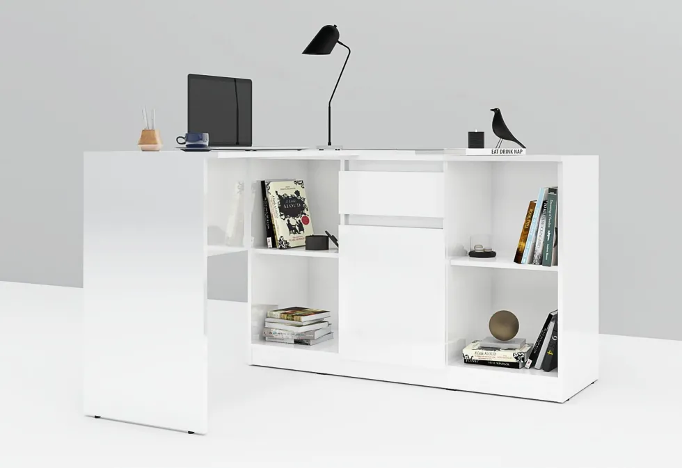 Scrivania ad angolo con anta e cassetto in bianco lucido SCG4