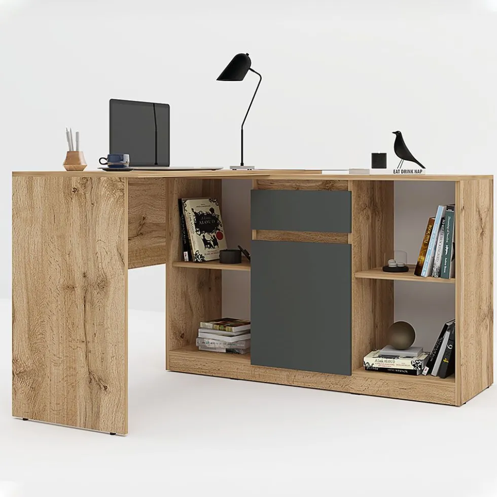 Scrivania ad angolo con anta e cassetto in rovere e antracite SCG4