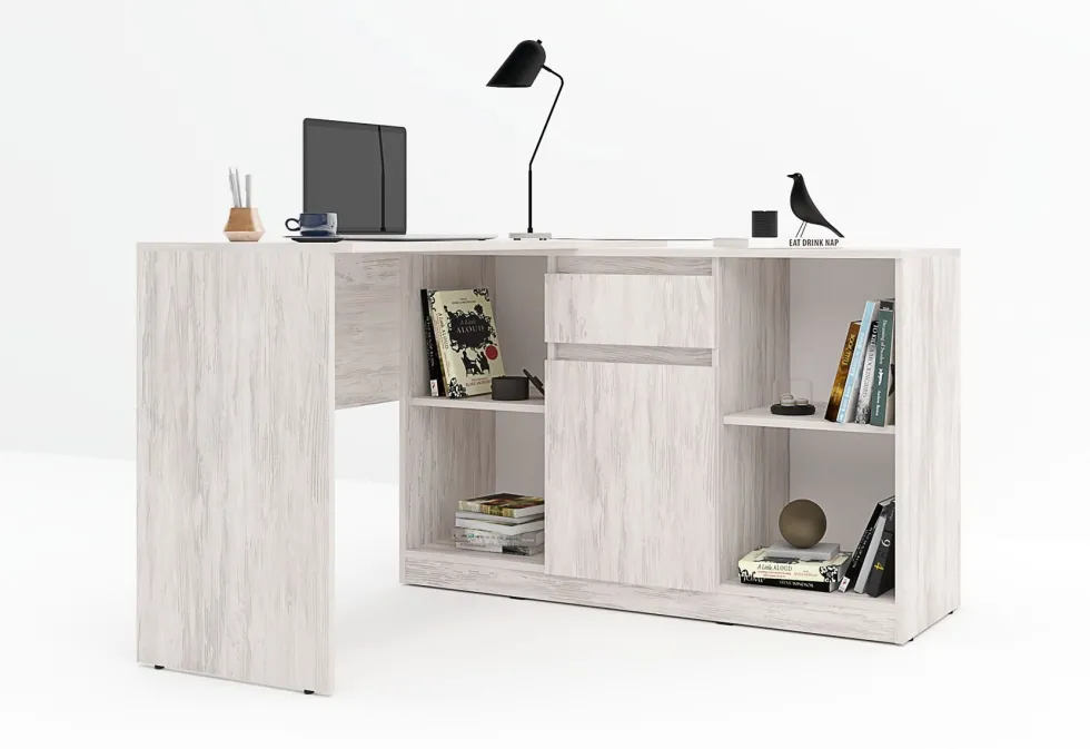 Scrivania ad angolo con anta e cassetto in bianco legno SCG4