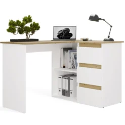 Scrivania angolare con 3 cassetti bianco e rovere SCT20