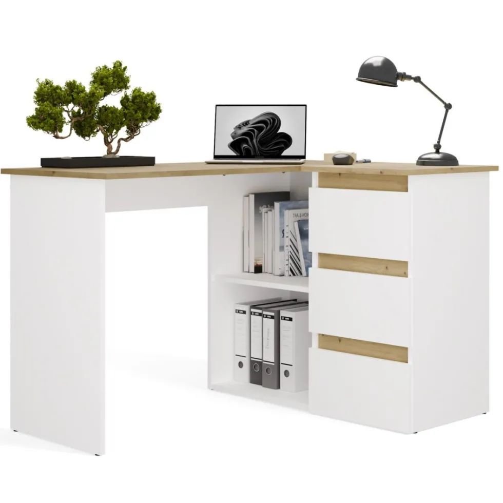 Scrivania angolare con 3 cassetti bianco e rovere SCT20