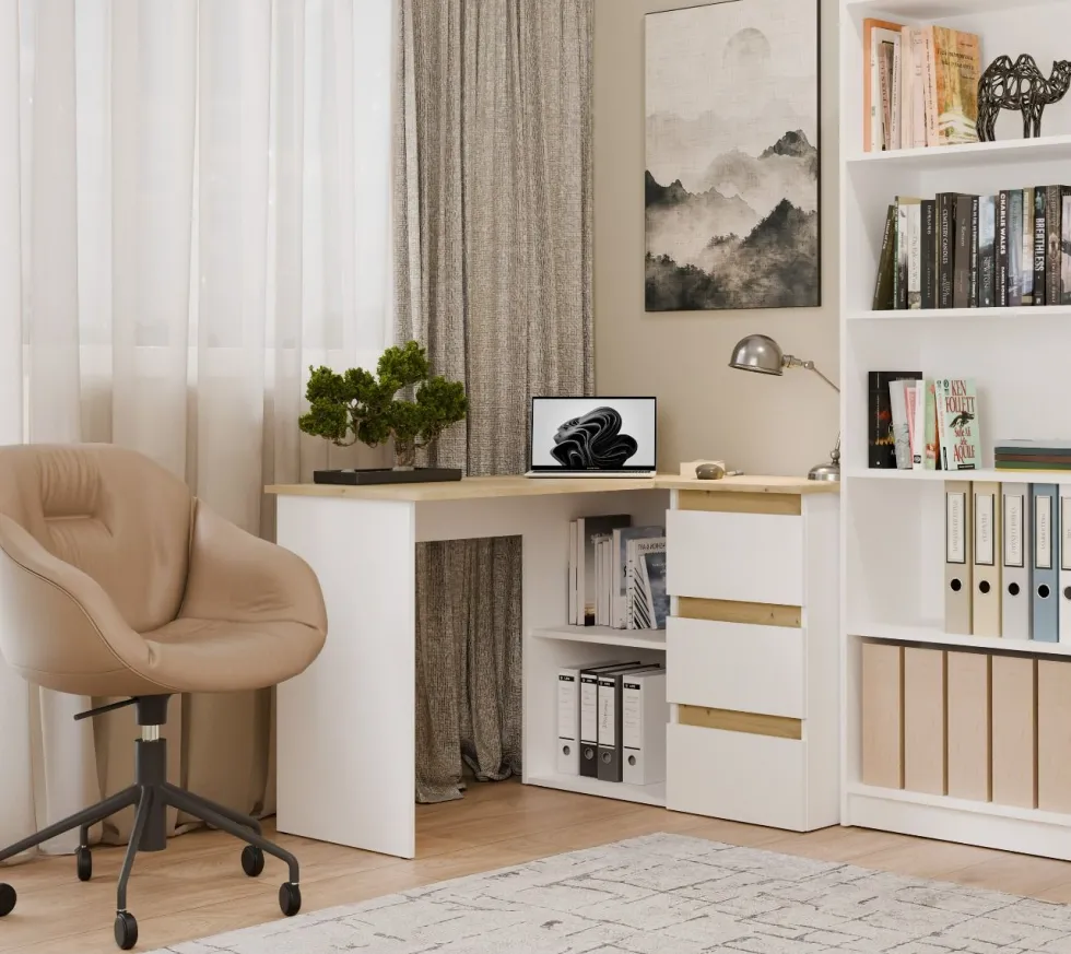 Scrivania angolare con 3 cassetti bianco e rovere SCT20