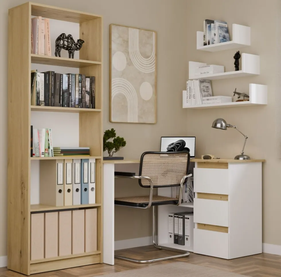 Scrivania angolare con 3 cassetti bianco e rovere SCT20