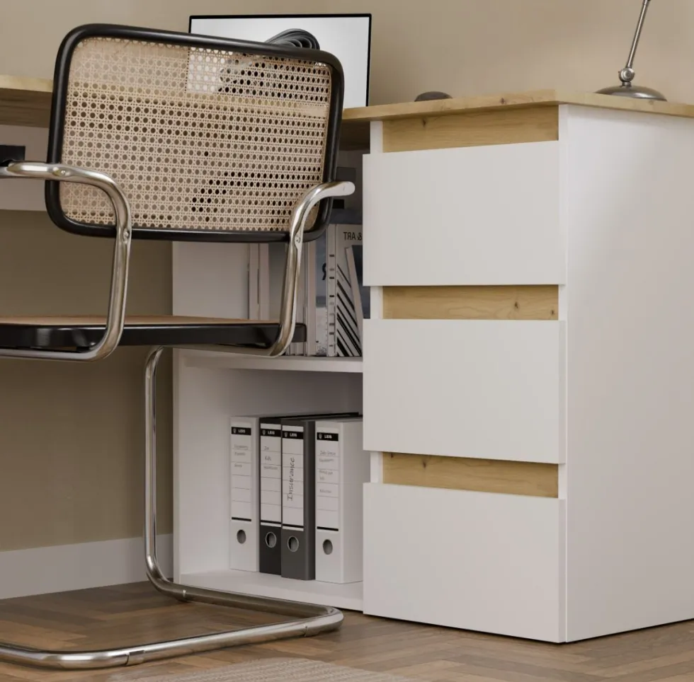 Scrivania angolare con 3 cassetti bianco e rovere SCT20