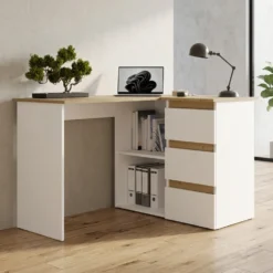 Scrivania angolare con 3 cassetti bianco e rovere SCT20